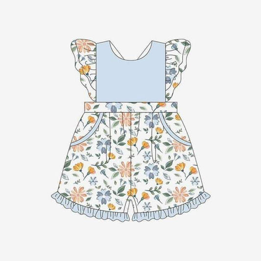 Baby Girls Easter Blue Flowers Pockets Ruffle Shorts Jumpsuits Preorder