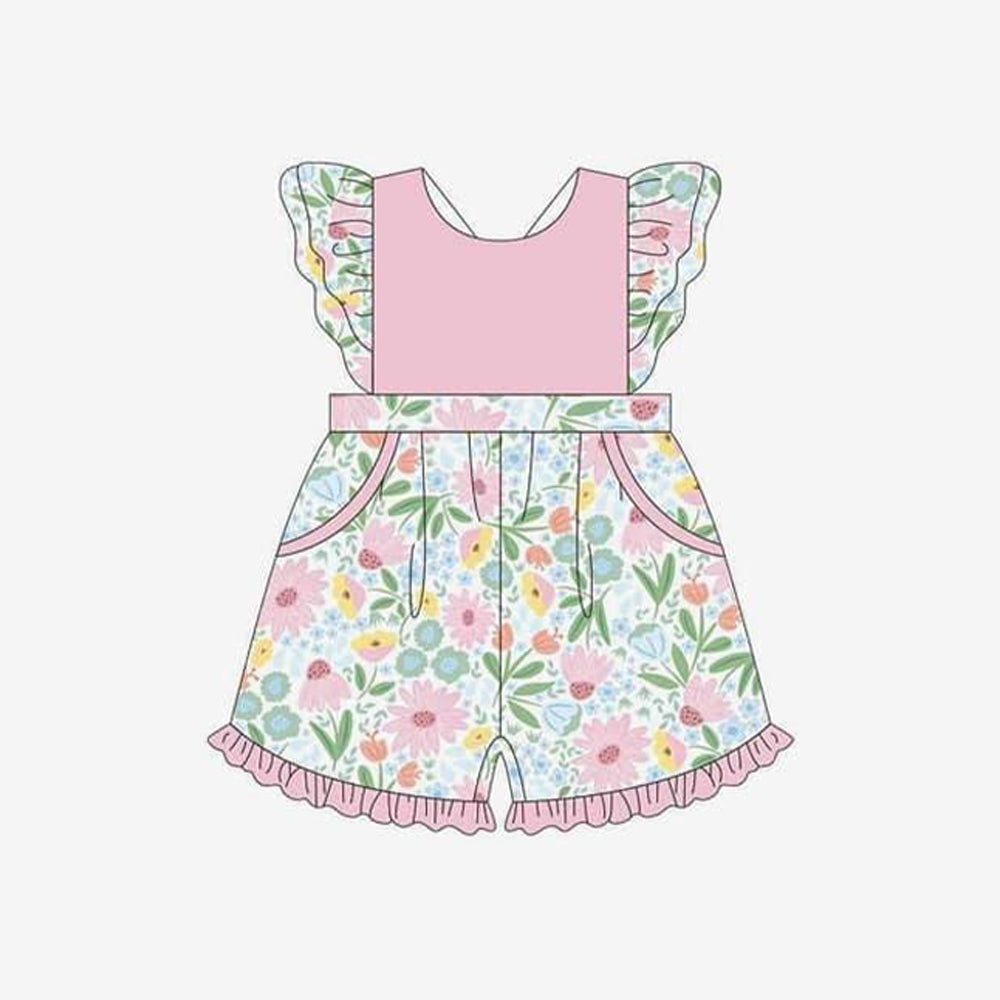 Baby Girls Easter Pink Flowers Pockets Ruffle Shorts Jumpsuits Preorder