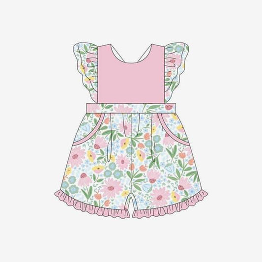 Baby Girls Easter Pink Flowers Pockets Ruffle Shorts Jumpsuits Preorder