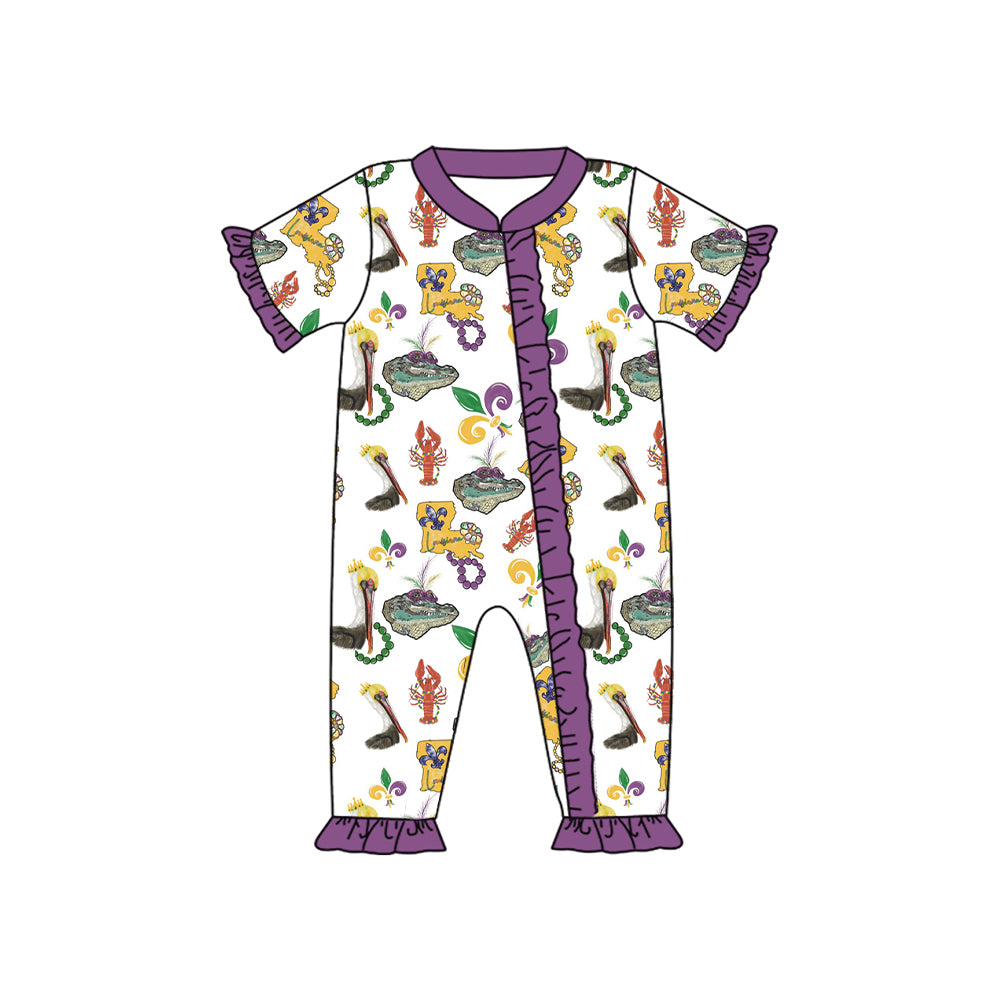 Baby Infant Girls Mardi Gras Bird Crawfish Ruffle Zip Rompers preorder