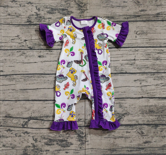 Baby Infant Girls Mardi Gras Bird Crawfish Ruffle Zip Rompers preorder