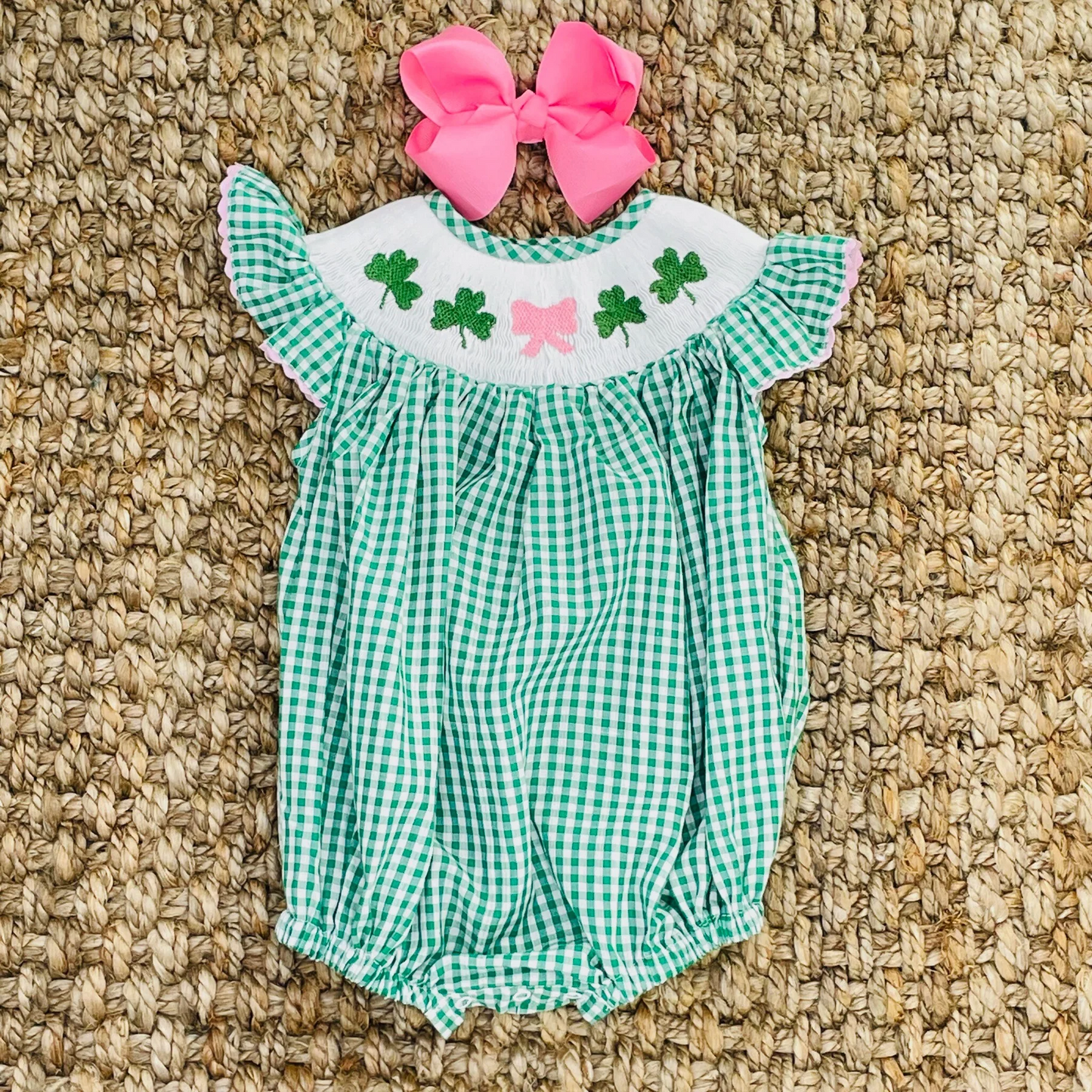 Baby Infant Girls St Patrick Bow Quatrefoil Rompers preorder