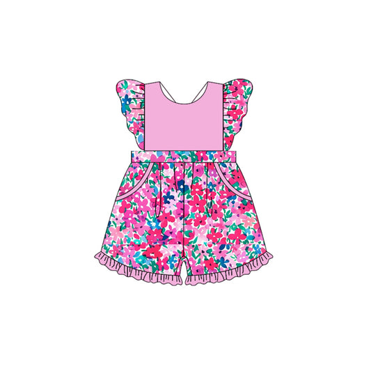 Baby Girls Hotpink Flowers Pockets Ruffle Shorts Summer Jumpsuits Preorder