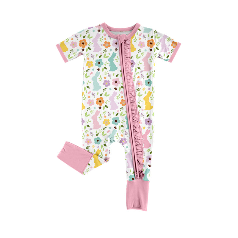 Baby Infant Girls Easter Pink Rabbits Flowers Zip Rompers preorder