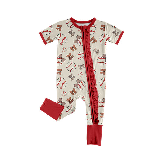 Preorder moq 5 Baby Infant Girls Red Bows Baseball Short Sleeve Zip Rompers