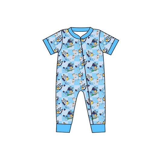 Baby Infant Boys Blue Checkered Dogs Short Sleeve Zip Rompers preorder