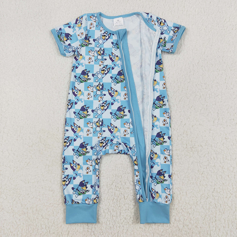Baby Infant Boys Blue Checkered Dogs Short Sleeve Zip Rompers