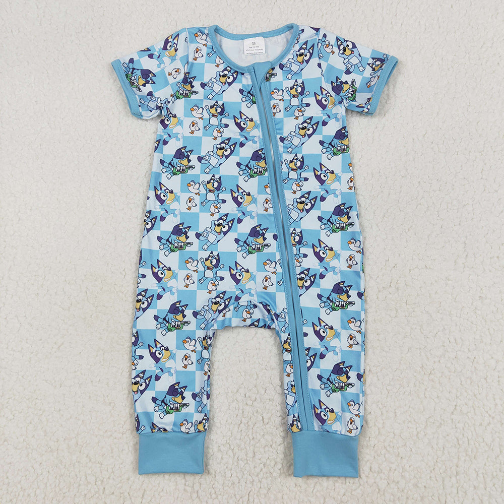 Baby Infant Boys Blue Checkered Dogs Short Sleeve Zip Rompers