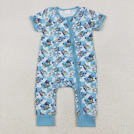 Baby Infant Boys Blue Checkered Dogs Short Sleeve Zip Rompers