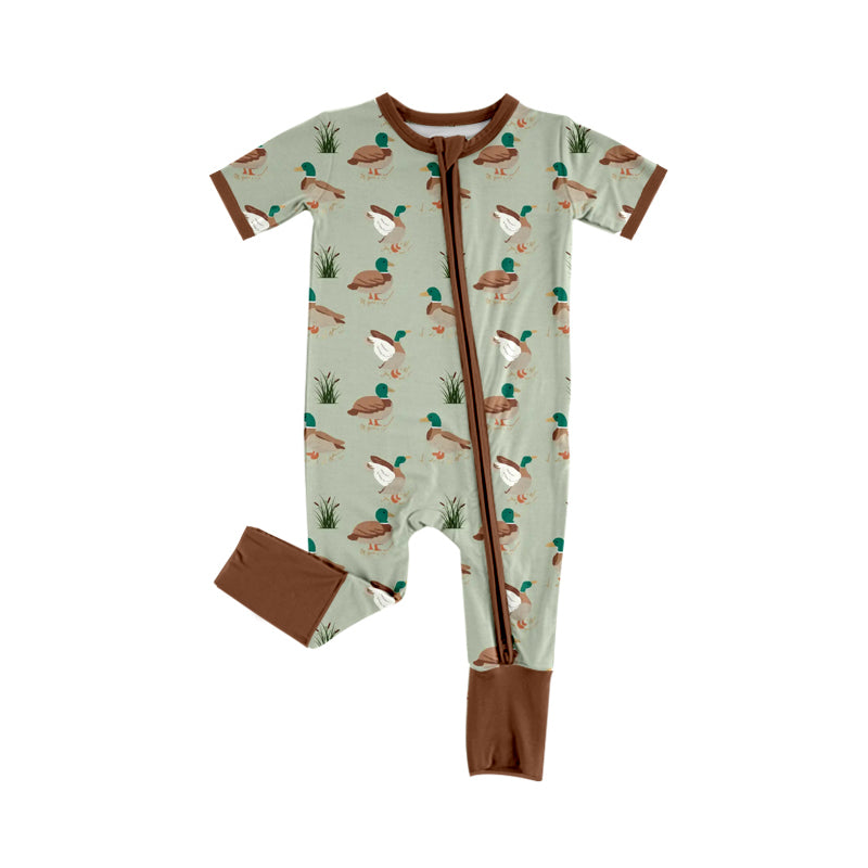 Baby Infant Boys Green Mallard Ducks Short Sleeve Zip Rompers preorder