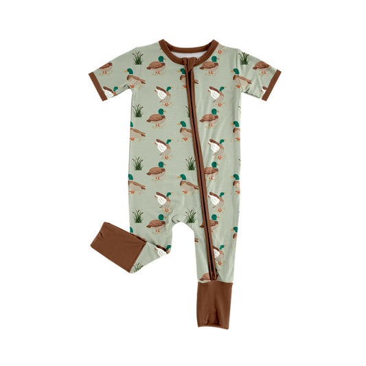 Baby Infant Boys Green Mallard Ducks Short Sleeve Zip Rompers preorder