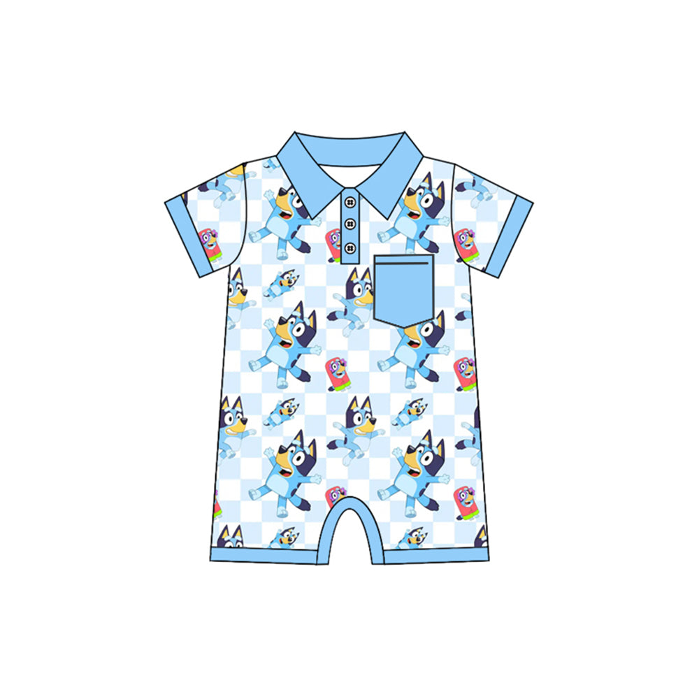 Baby Infant Boys Dogs Checkered Pocket Rompers preorder