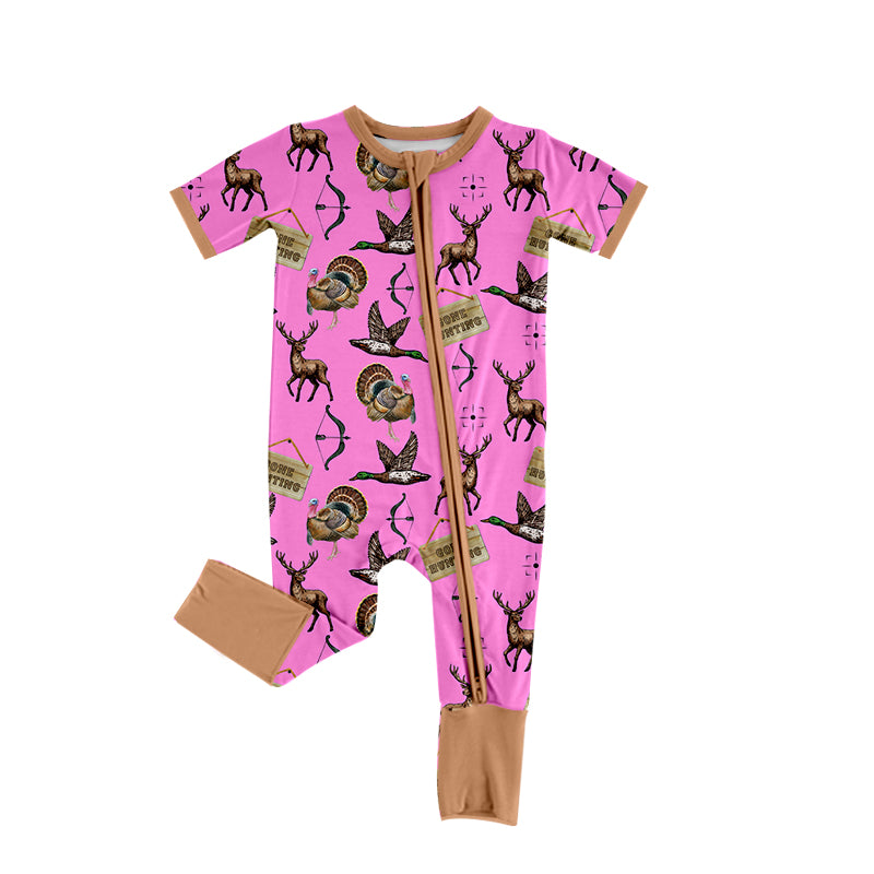 Baby Infant Girls Pink Gone Hunting Turkey Ducks Zip Rompers preorder