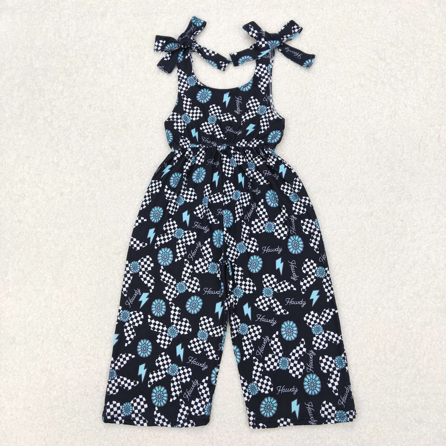 Sibling Baby Girls Strap Turquoise Cow Print Bows Bell Bottom Jumpsuits