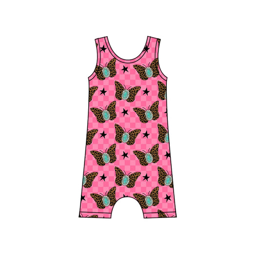 Baby Girls Pink Checkered Western Leopard Butterfly Jumpsuits Preorder