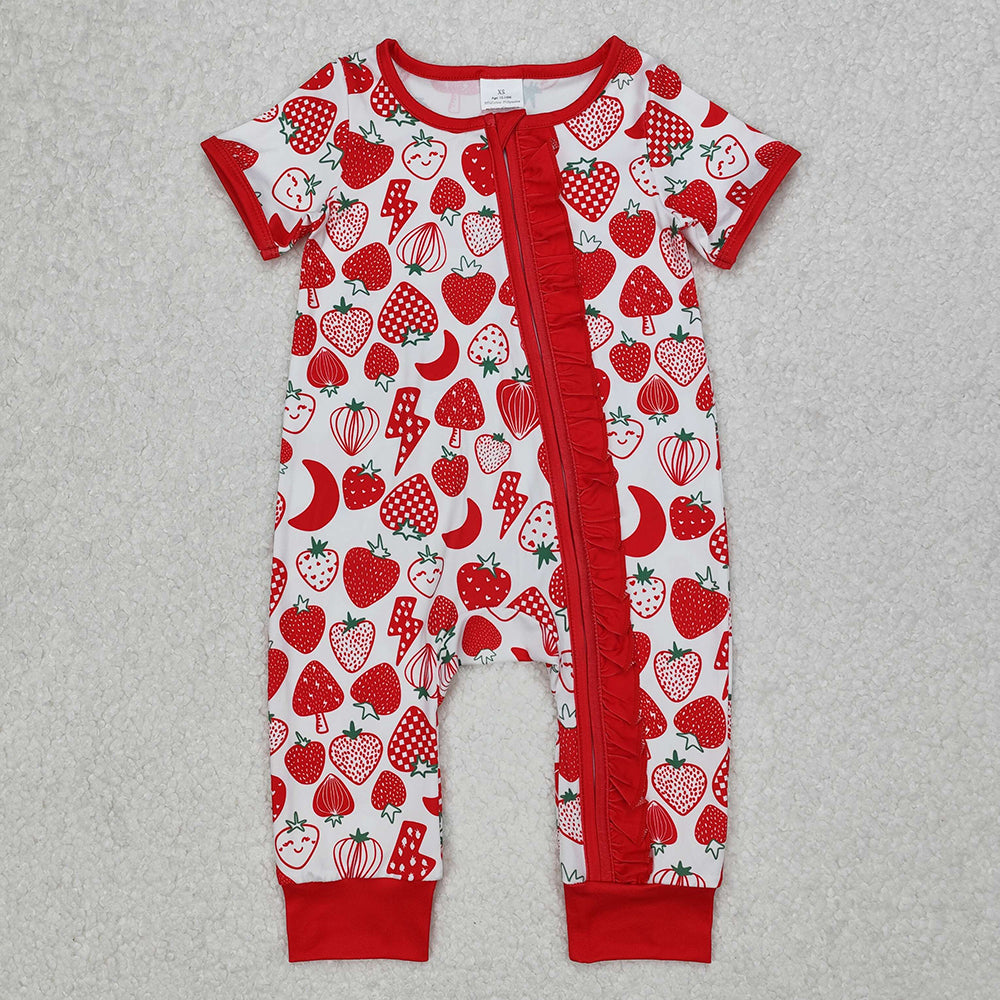 Baby Infant Girls Strawberry Ruffle Zip Rompers
