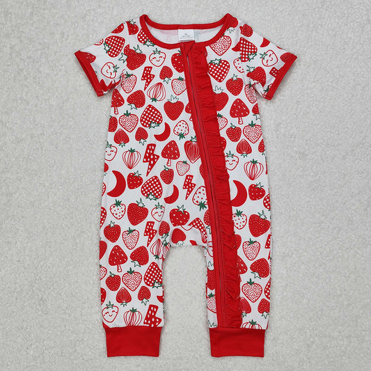 Baby Infant Girls Strawberry Ruffle Zip Rompers