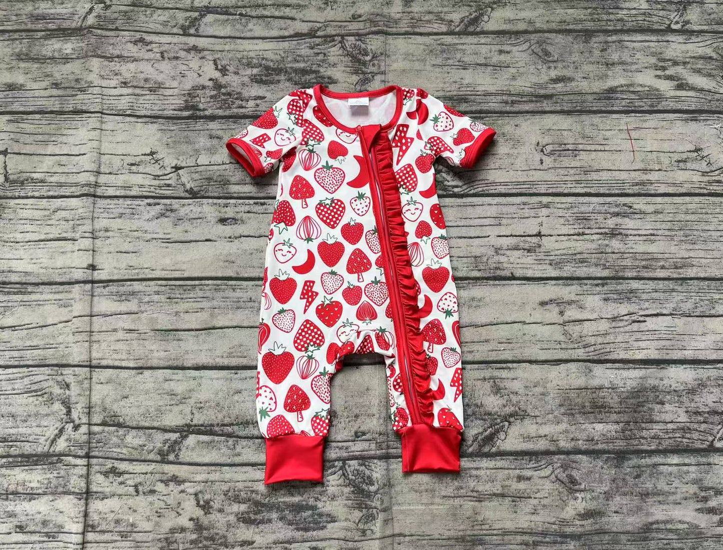 Baby Infant Girls Strawberry Ruffle Zip Rompers