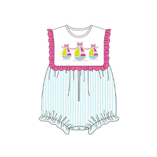 Baby Infant Girls Bib Blue Stripes Sailboats Rompers preorder