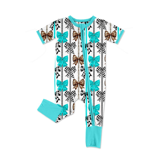 Preorder moq 5 Baby Infant Girls Western Turquoise Bows Zip Rompers