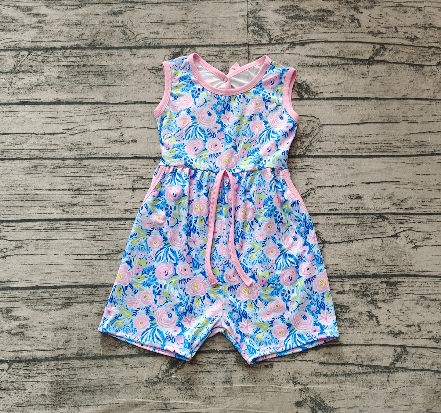 Baby Girls Blue Pink Flowers Sleeveless Bows Shorts Jumpsuits Preorder