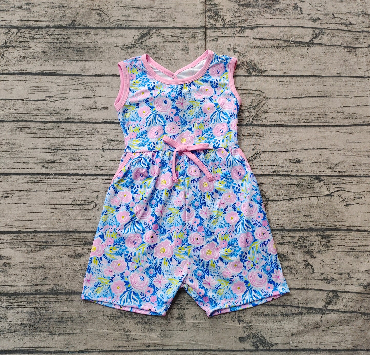 Baby Girls Blue Pink Flowers Sleeveless Bows Shorts Jumpsuits