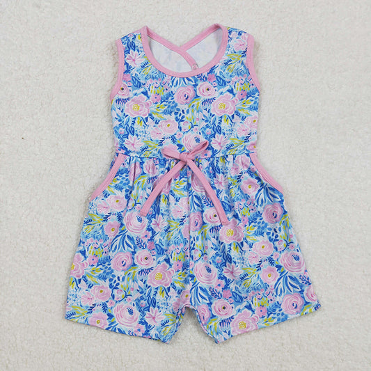 Baby Girls Blue Pink Flowers Sleeveless Bows Shorts Jumpsuits