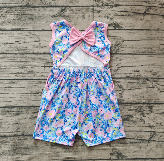 Baby Girls Blue Pink Flowers Sleeveless Bows Shorts Jumpsuits Preorder