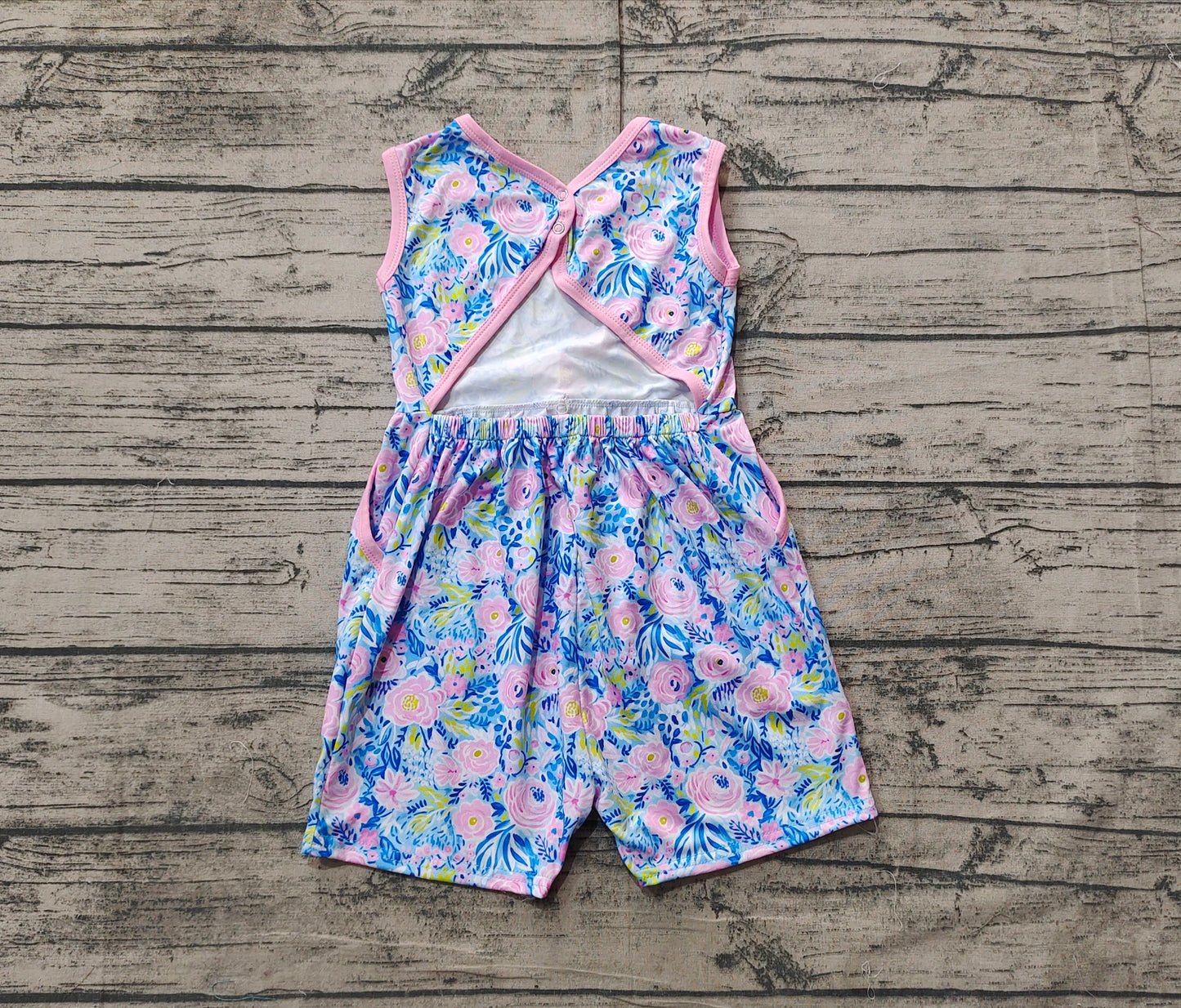 Baby Girls Blue Pink Flowers Sleeveless Bows Shorts Jumpsuits