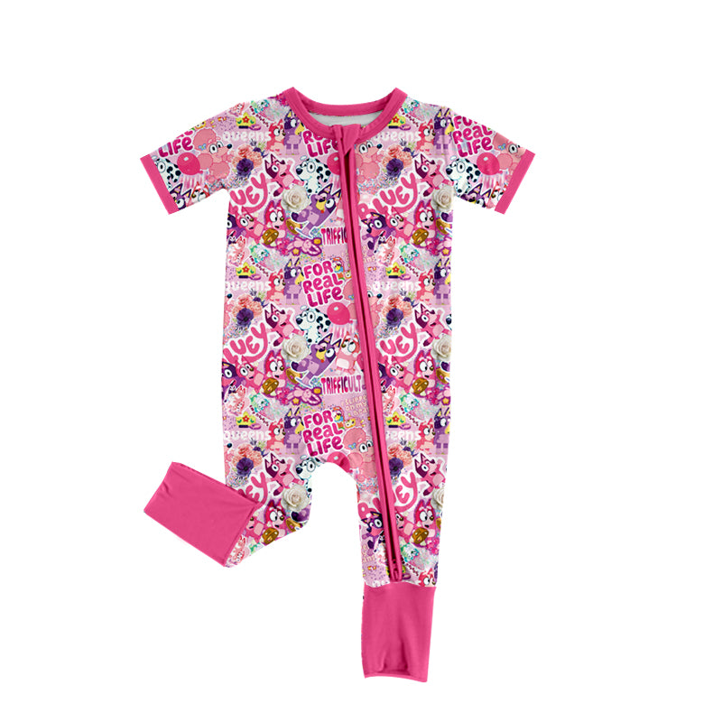 Baby Infant Girls Dogs Pink Short Sleeve Zip Rompers preorder