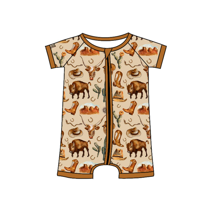 Baby Infant Boys Western Cow Short Sleeve Zip Rompers preorder