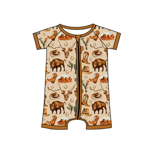 Baby Infant Boys Western Cow Short Sleeve Zip Rompers preorder