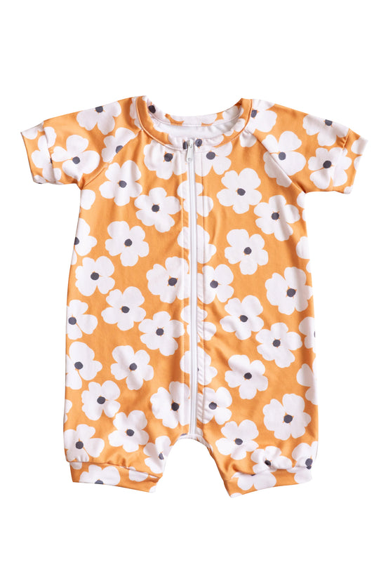 Baby Infant Girls Flowers Orange Short Sleeve Zip Rompers preorder