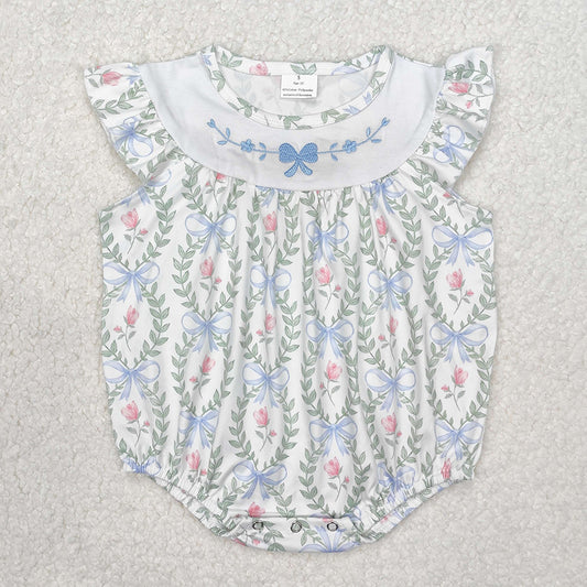 Embroidery Baby Infant Girls Spring Bows Leaves Rompers