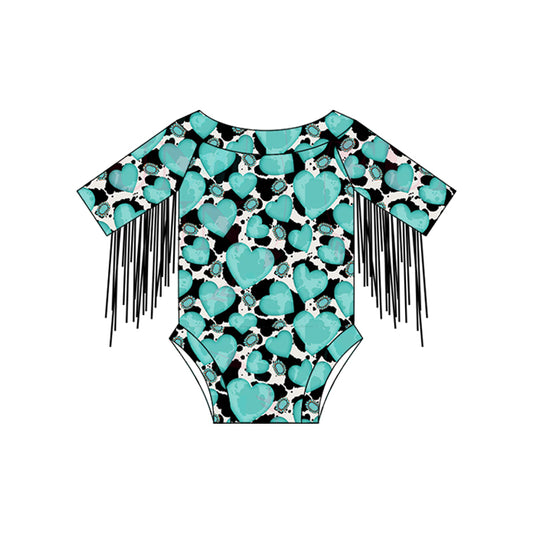 Baby Infant Girls Tassels Turquoise Hearts Western Rompers preorder