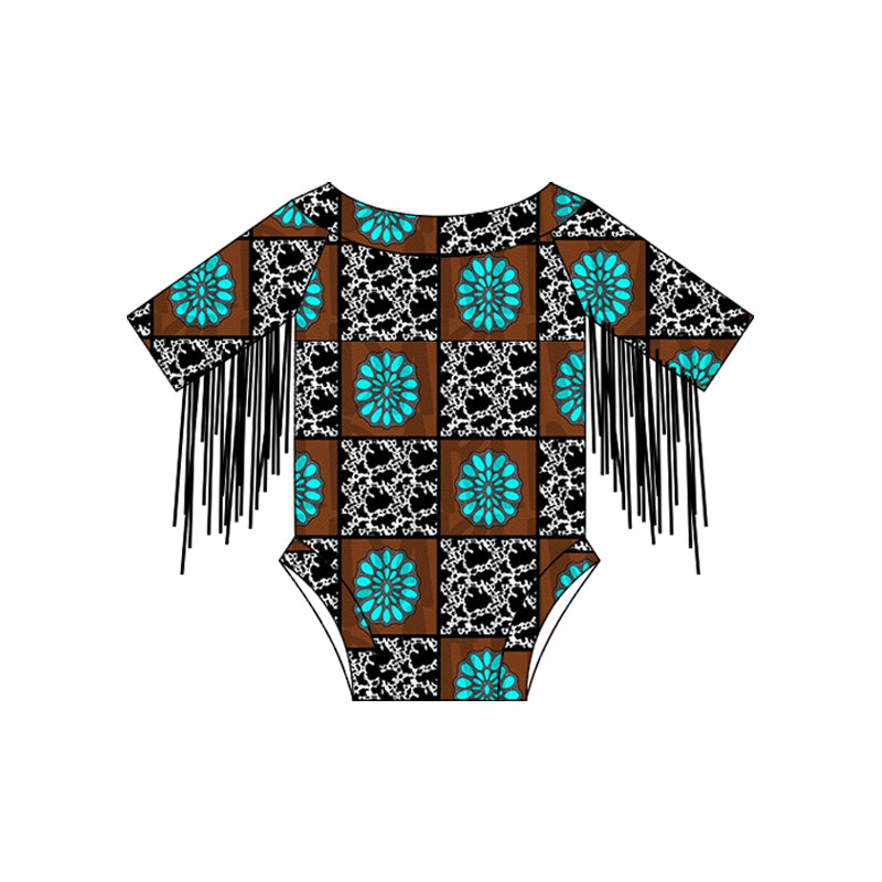 Baby Infant Girls Tassels Turquoise Cow Western Rompers preorder