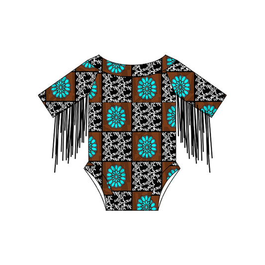 Baby Infant Girls Tassels Turquoise Cow Western Rompers preorder