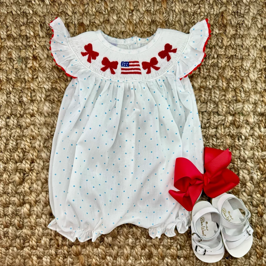 Baby Infant Girls 4th Of July Flag Bows Flutter Sleeve Rompers preorder