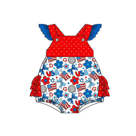 Baby Infant Girls 4th Of July Flags USA Bows Flutter Sleeve Rompers preorder