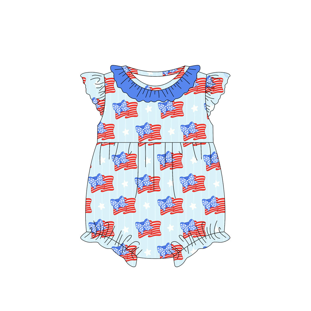Baby Infant Girls 4th Of July Flags Bows Flutter Sleeve Rompers preorder