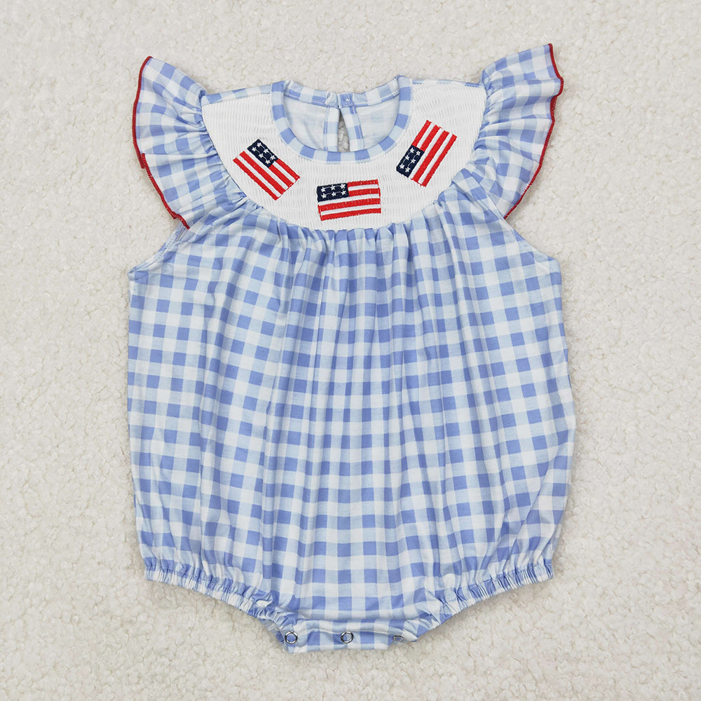 Smocked Baby Infant Girls 4th Of July Flags Sleeveless Rompers