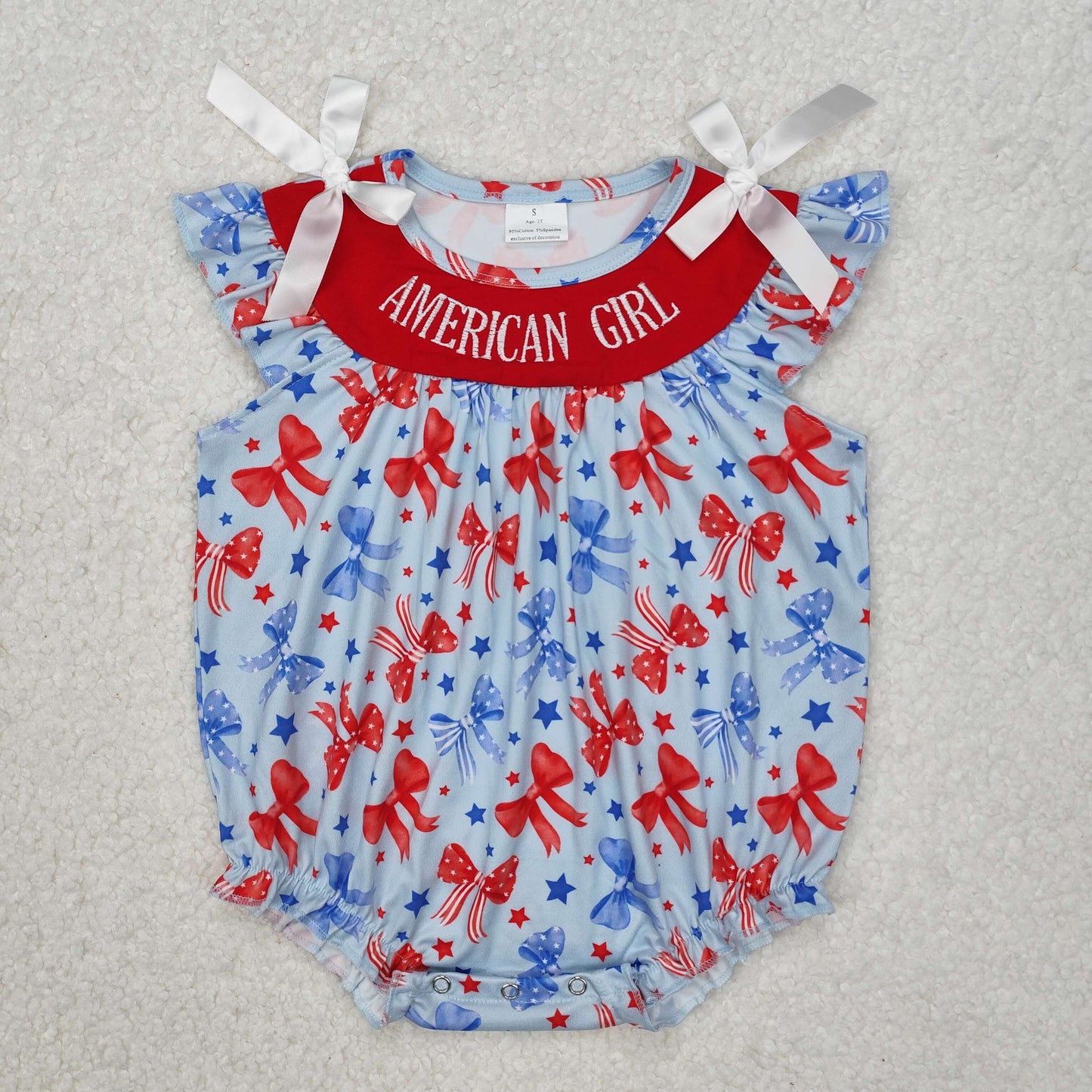 USA Shop Embroidery America Girl Flutter Sleeve Bows Stars 4th of July Ruffle Rompers