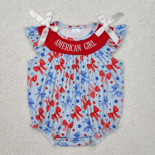 USA Shop Embroidery America Girl Flutter Sleeve Bows Stars 4th of July Ruffle Rompers