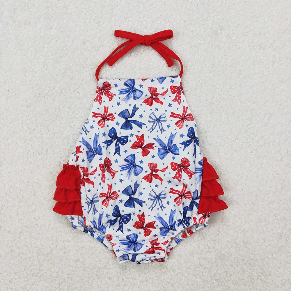 Sibling Baby Girls 4th of July Bows Halter Rompers Dresses