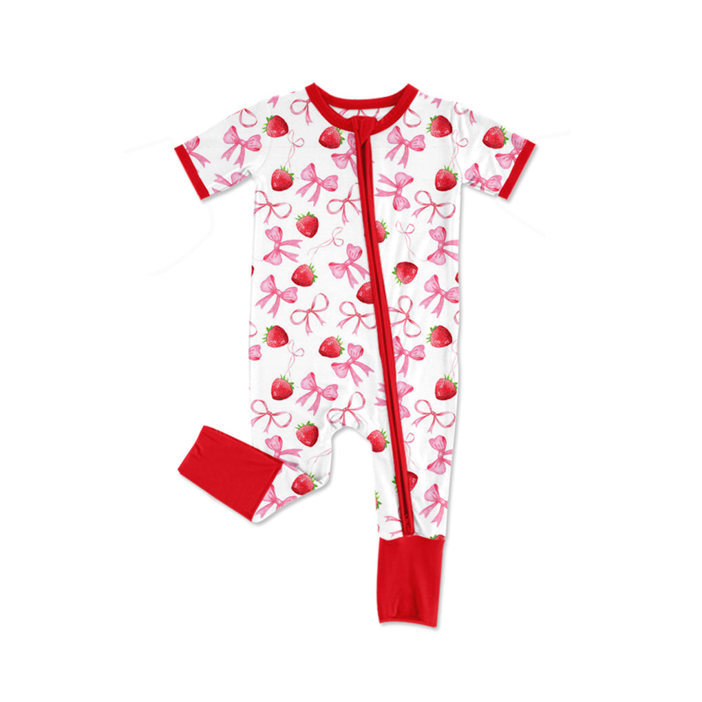 Baby Infant Girls Strawberry Bows Short Sleeve Zip Rompers preorder