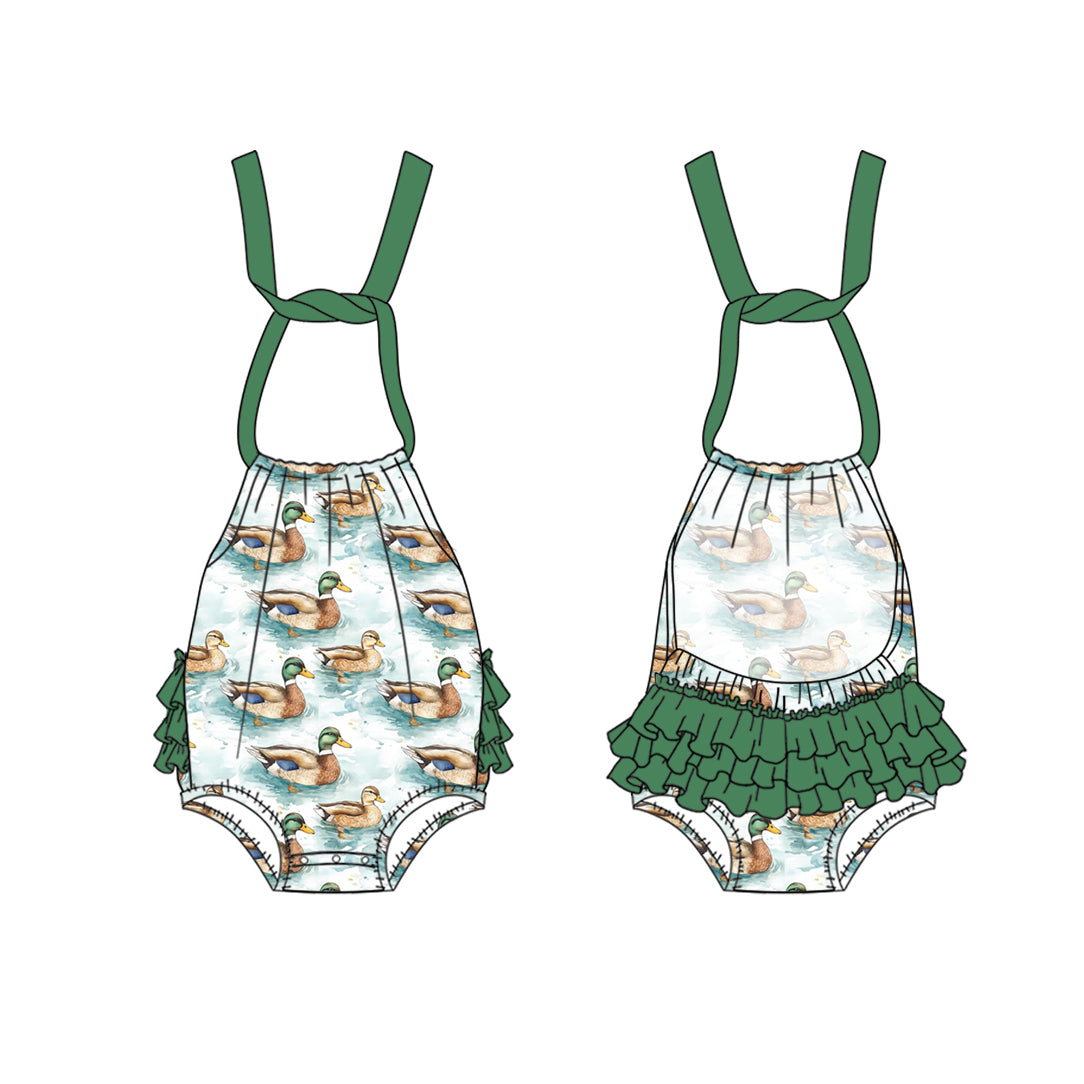 Baby Infant Girls Ducks Mallard Hunting Halter Rompers preorder