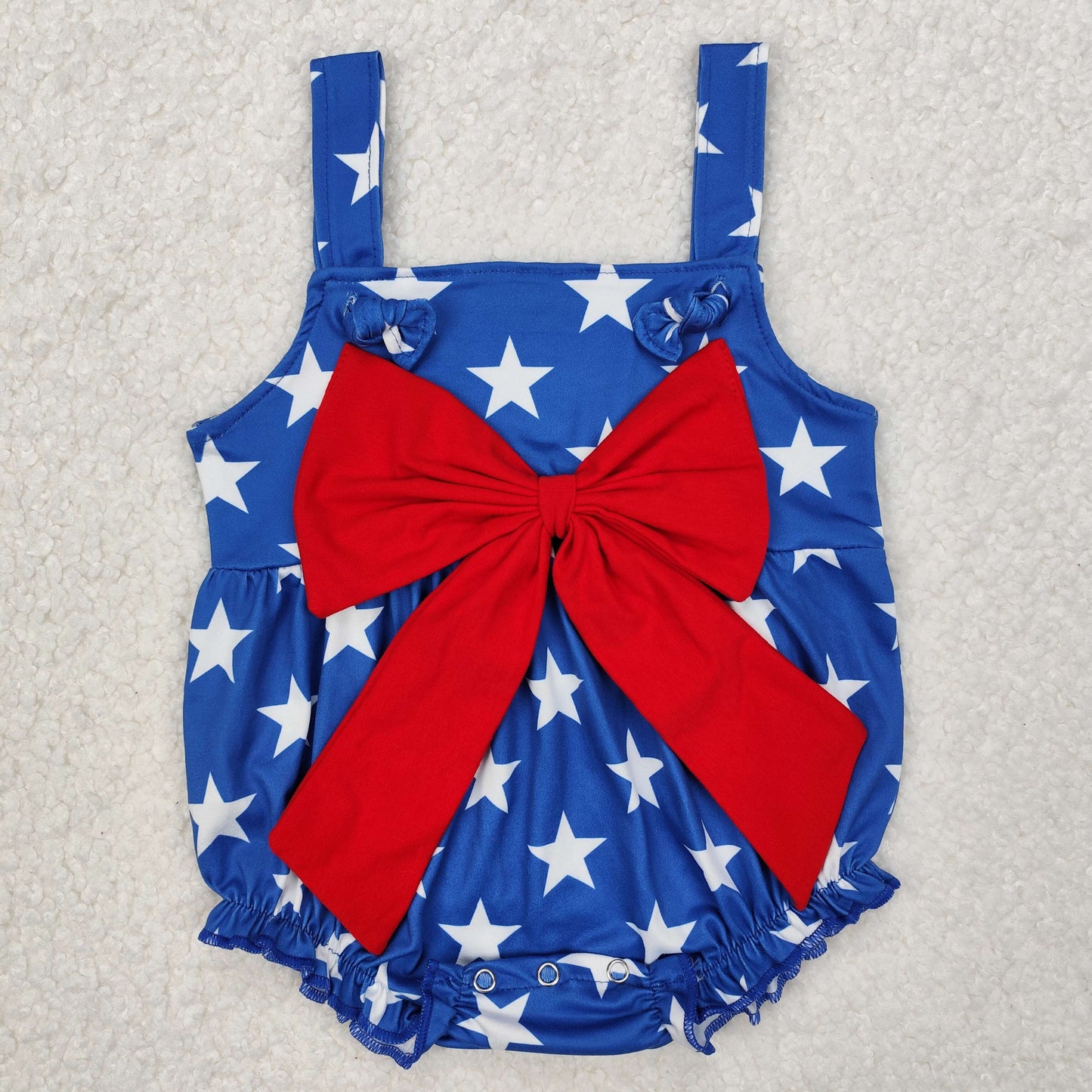 Sibling Baby Girls Strap Western Cows 4th of July Bow Top Ruffle Rompers