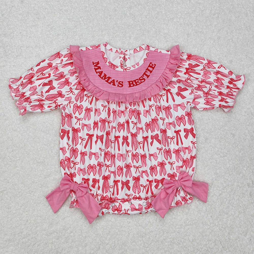 Baby Infant Girls Pink Bows Mama's Bestie Smocked Rompers