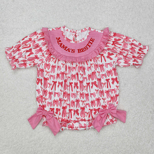 Baby Infant Girls Pink Bows Mama's Bestie Smocked Rompers