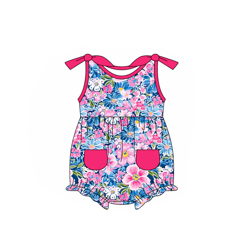 Baby Infant Girls Blue Pink Flowers Pockets Rompers preorder